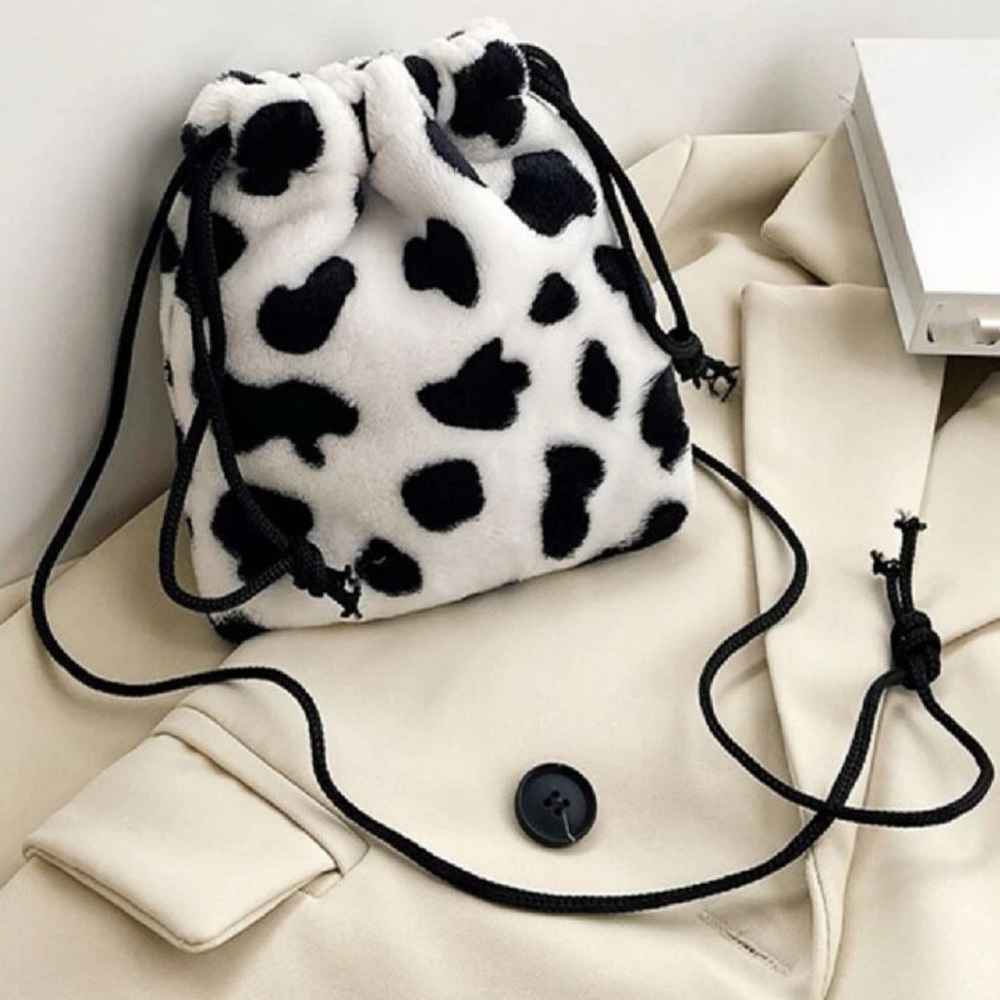 New Faux Fur Medium Cow Print Buttery Soft Handmade Drawstring Crossbody Bag - Picture 3 of 15